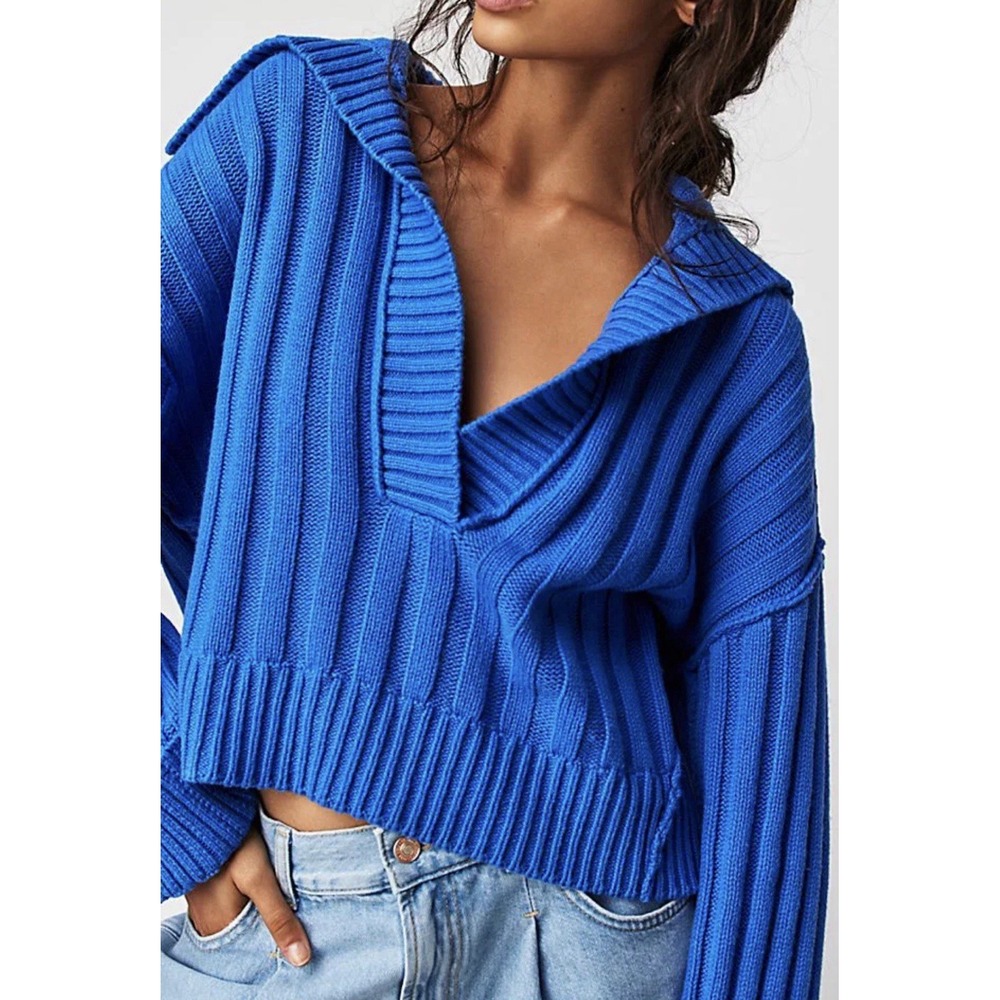 We The Free Rudi Funnel Neck Blue Sweater Oversized Chunky Preppy XS